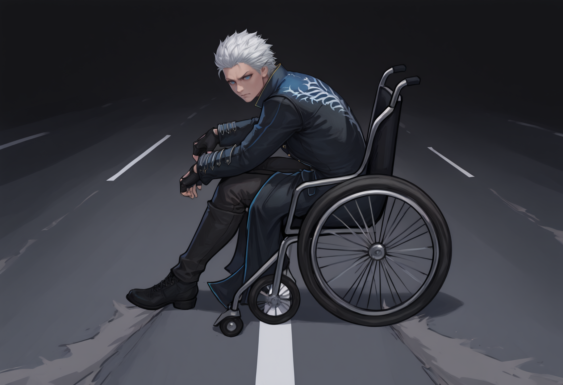 masterpiece, best quality, full body, from side, male focus, solo, 1boy, vergil \(devil may cry\), devil may cry 5, serious, looking at viewer, ak1rasl1de, sitting, wheelchair, white hair, blue eyes, black coat, long sleeves, black gloves, fingerless gloves, black pants, black footwear, road
<segment:yolo-Anzhc Face seg 640 v2 y8n.pt,0.4,0.5//cid=1>