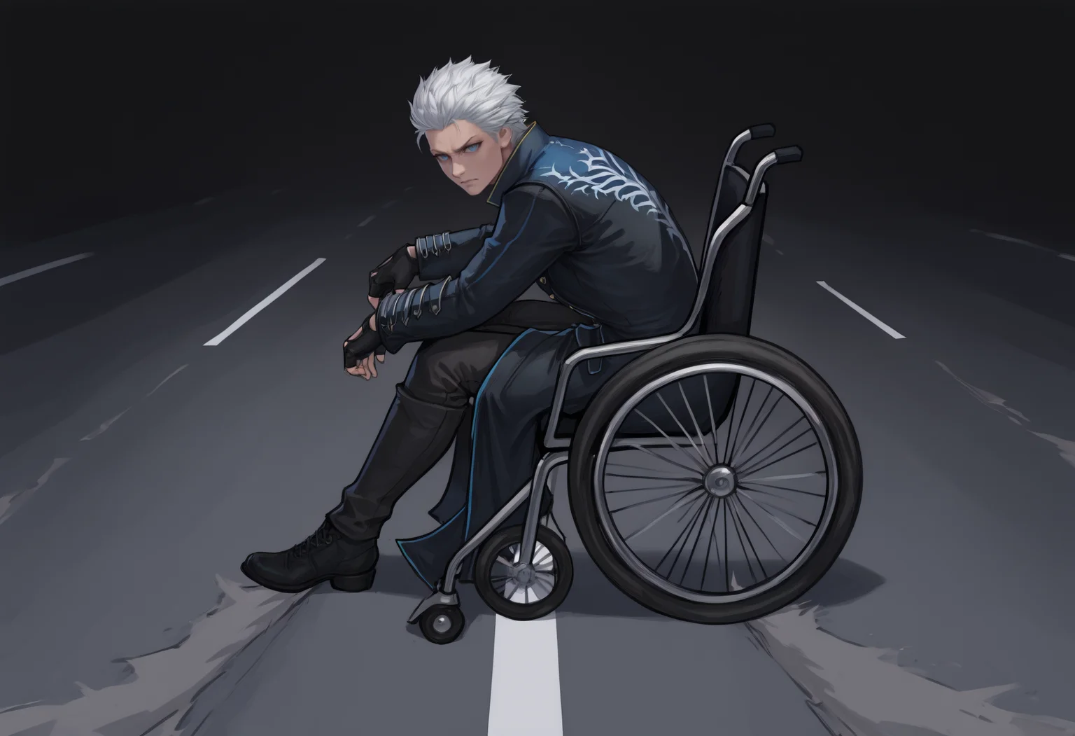 masterpiece, best quality, full body, from side, male focus, solo, 1boy, vergil \(devil may cry\), devil may cry 5, serious, looking at viewer, ak1rasl1de, sitting, wheelchair, white hair, blue eyes, black coat, long sleeves, black gloves, fingerless gloves, black pants, black footwear, road
<segment:yolo-Anzhc Face seg 640 v2 y8n.pt,0.4,0.5//cid=1>