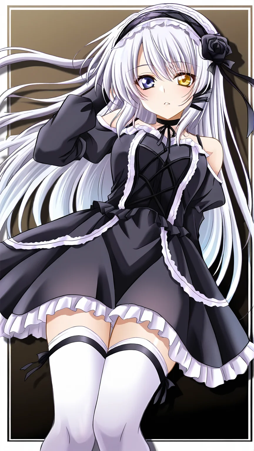 parametersparametersparametersamazing quality,absurdres,best quality,masterpiece,highres,newest,detailed,detailed body,detailed face,masterpiece,best quality,solo,
kurobara,thighhighs,yellow eyes,heterochromia,fashion,yellow eyes,black flower,black rose,flower,long hair,ribbon,gothic,hairband,white hair,blue eyes,rose,frills,hair ribbon,<lora:kurobara:0.8>,looking at viewer,