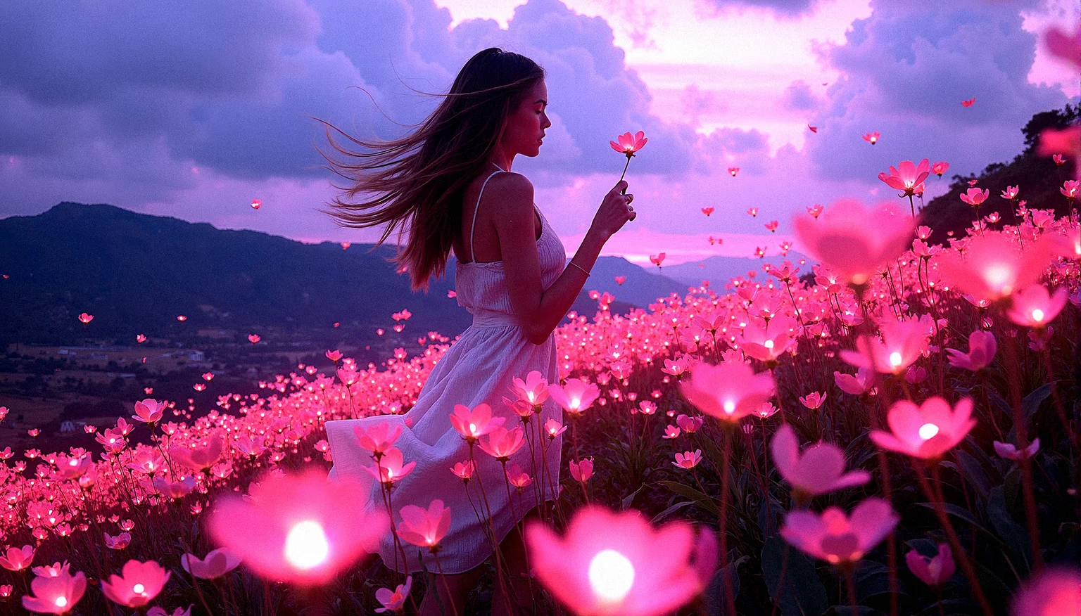 m4d1s0n,
A young lady stands on a hill covered in luminescent flowers, with exotic vegetation surrounding her. A strong wind blows through her long hair, sending petals and leaves swirling through the air. The setting is a magical twilight, with the sky painted in deep purples and pinks. The scene is captured in extreme realism, with intricate details in every element, from the glowing flowers to the sharp background. Adjust the woman’s hand to gently touch or interact with a flower, adding a sense of connection to the environment.Add delicate, intricate shadows from the flowers and leaves onto the woman’s skin, enhancing the interplay of light and shadow.Introduce more layers of vegetation with varying heights and densities, creating a richer and more textured environment.Add more texture to the clouds, with subtle color shifts and details that draw the eye upwards.
The image is vibrant and serene, with no depth of field, ensuring sharpness throughout the wide shot, rendered in high resolution HDR. madi