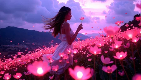 m4d1s0n,
A young lady stands on a hill covered in luminescent flowers, with exotic vegetation surrounding her. A strong wind blows through her long hair, sending petals and leaves swirling through the air. The setting is a magical twilight, with the sky painted in deep purples and pinks. The scene is captured in extreme realism, with intricate details in every element, from the glowing flowers to the sharp background. Adjust the woman’s hand to gently touch or interact with a flower, adding a sense of connection to the environment.Add delicate, intricate shadows from the flowers and leaves onto the woman’s skin, enhancing the interplay of light and shadow.Introduce more layers of vegetation with varying heights and densities, creating a richer and more textured environment.Add more texture to the clouds, with subtle color shifts and details that draw the eye upwards.
The image is vibrant and serene, with no depth of field, ensuring sharpness throughout the wide shot, rendered in high resolution HDR. madi