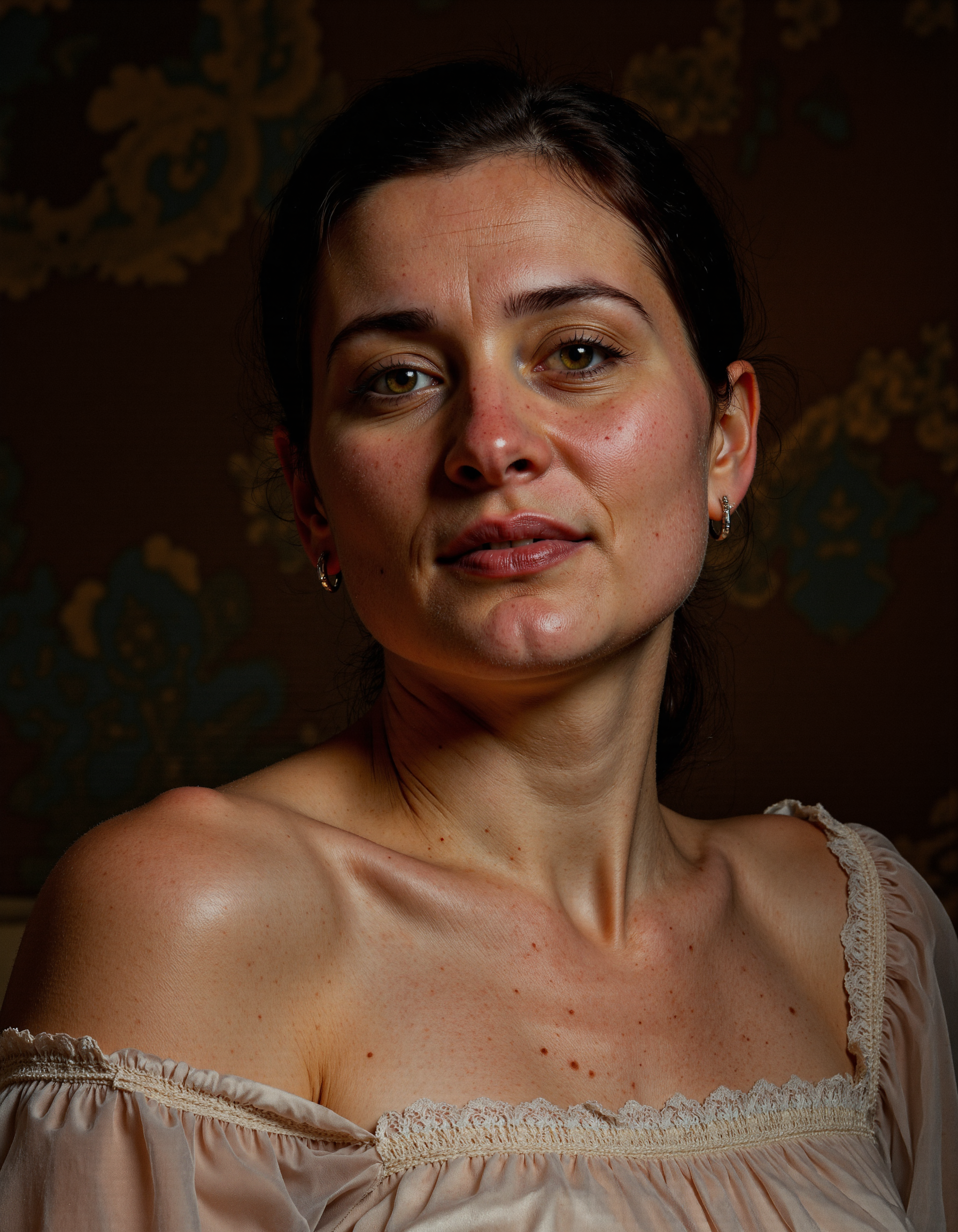 Rembrandt style <lora:ona:1>, Midbody portrait of pretty mature 45 years old woman, <lora:SuperModel-V9:0.7>, beautiful pure color, charming, revealing, celestial background, detailed, gentle, delicate, warm light, transformed, fascinating, attractive, glowing, symmetry, intense, very coherent, cute, determined, innocent, generous, loving . Baroque, chiaroscuro, realistic, emotional, "flat lighting