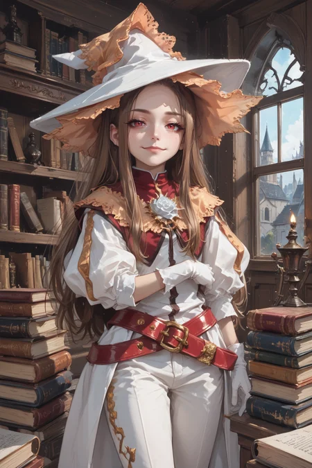 score_9, score_8_up, score_7_up, source anime, <lora:backgroundsetXL:0.3> , indoors, interior, BREAK, solo,  <lora:RosaryEsmeraldaPonyXL:0.65> , RosaDef, brown hair, long hair, red eyes, white witch hat, white dress, red belt, juliet sleeves, white gloves, white pants, ((cowboy shot)), <lora:ph4nt0m01lXLP:0.6> , ph4nt0m01l, ((witch)), potions, castle background, window,  wisps, shelves, books, bookshelves, clutter, detailed background, runes, magic, ghostly, looking at viewer, smug, smirk, grin, closed mouth,