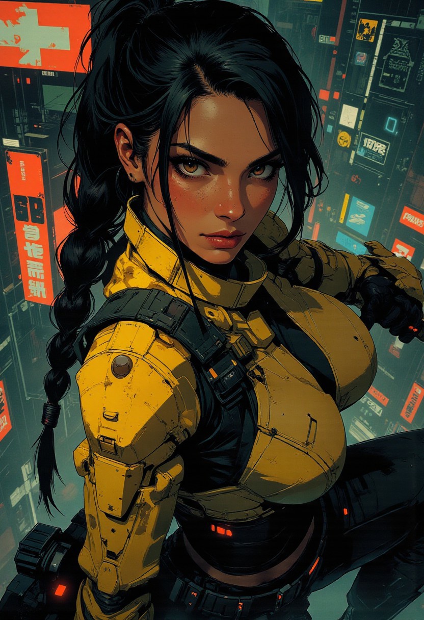 magnificent, closeup portrait, female bounty hunter, braided black hair, futuristic armor, halo spartan, spartan armor, sexy, curvy, large breasts, large ass, aiming a sniper rifle, sniper rifle, aiming rifle, holstered pistol, Cyberpunk City, Neon Lights, foreshortening,
looking at viewer, solo, 
Cowboy Shot, close up, from above,