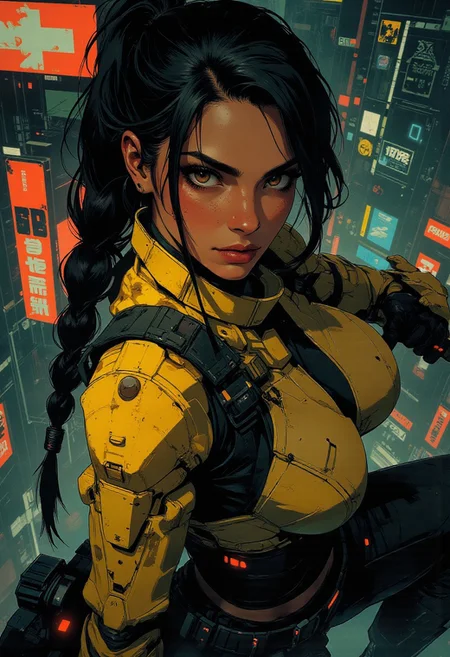 magnificent, closeup portrait, female bounty hunter, braided black hair, futuristic armor, halo spartan, spartan armor, sexy, curvy, large breasts, large ass, aiming a sniper rifle, sniper rifle, aiming rifle, holstered pistol, Cyberpunk City, Neon Lights, foreshortening,
looking at viewer, solo,
Cowboy Shot, close up, from above,
