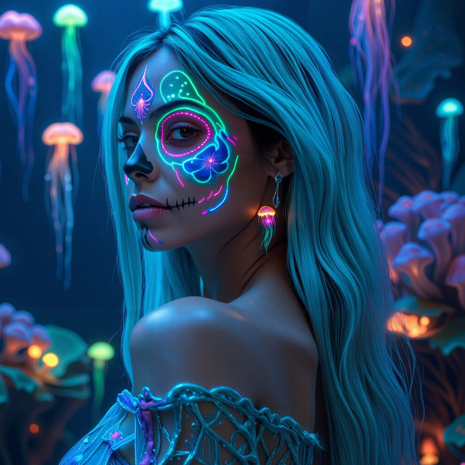 IMG_0012.JPG, Woneon_facepaintflx, A mesmerizing woman with glowing teal hair and an ocean-themed sugar skull face paint, neon-blue and turquoise accents creating an ethereal glow, standing underwater with glowing neon jellyfish and coral surrounding her, wearing a flowing neon-blue dress made of bioluminescent fabric, photo-realistic