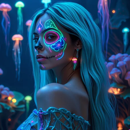 IMG_0012.JPG, Woneon_facepaintflx, A mesmerizing woman with glowing teal hair and an ocean-themed sugar skull face paint, neon-blue and turquoise accents creating an ethereal glow, standing underwater with glowing neon jellyfish and coral surrounding her, wearing a flowing neon-blue dress made of bioluminescent fabric, photo-realistic