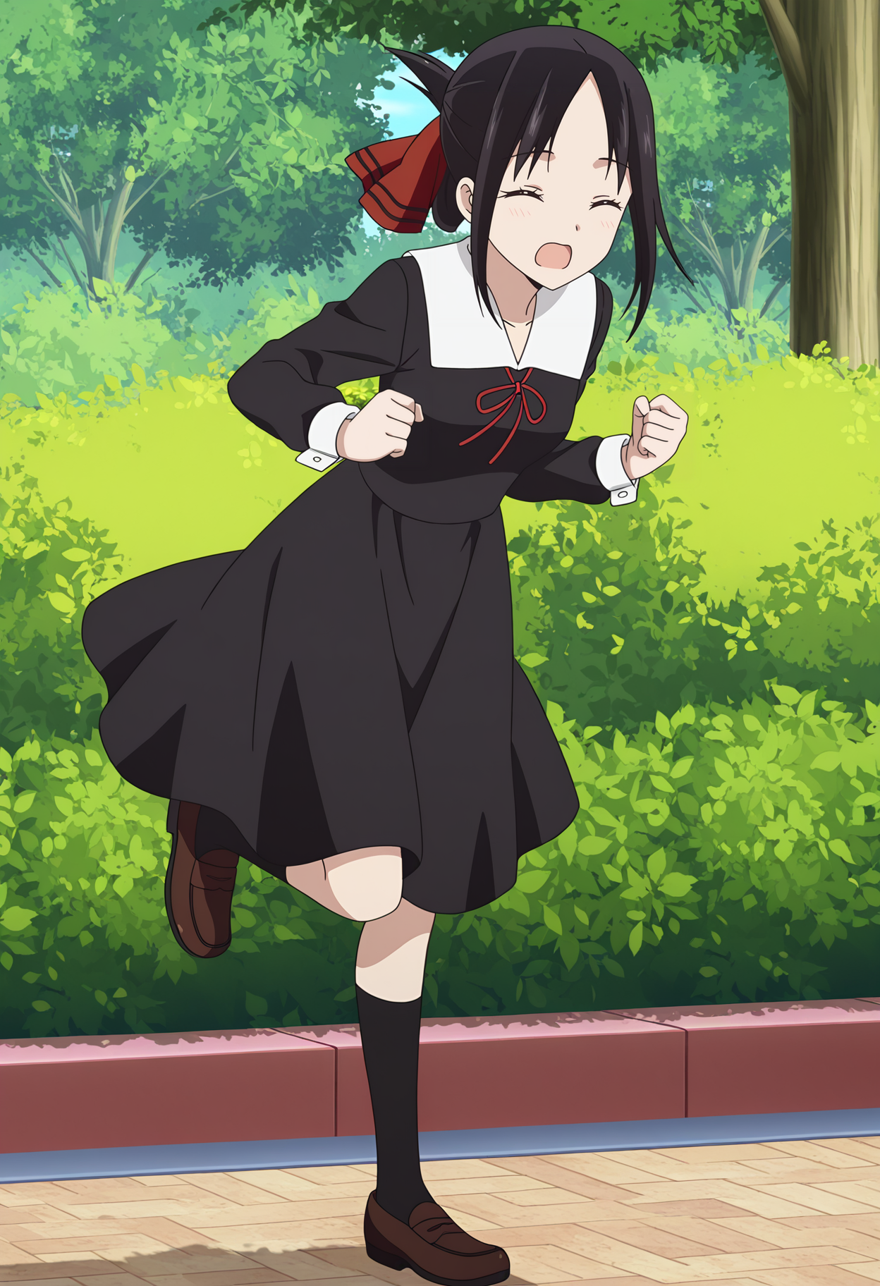 <lora:Kaguya SHINOMIYA_illustrious-000010:1>,1girl,Kaguya SHINOMIYA,
school uniform,solo,red ribbon,socks,ribbon,dress,black dress,black socks,closed eyes,outdoors,shoes,open mouth,standing,full body,bow,bush,kneehighs,loafers,brown footwear,standing on one leg,long sleeves,clenched hands,parted bangs,neck ribbon,hair ribbon,tree,anime screencap,