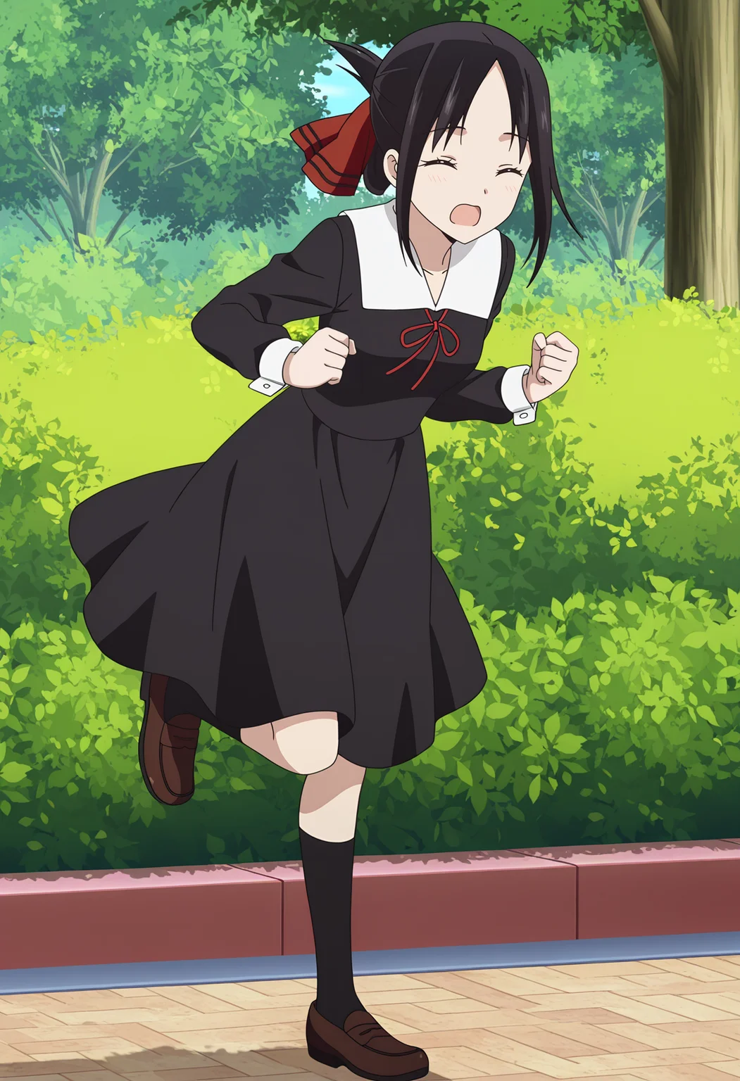 <lora:Kaguya SHINOMIYA_illustrious-000010:1>,1girl,Kaguya SHINOMIYA,
school uniform,solo,red ribbon,socks,ribbon,dress,black dress,black socks,closed eyes,outdoors,shoes,open mouth,standing,full body,bow,bush,kneehighs,loafers,brown footwear,standing on one leg,long sleeves,clenched hands,parted bangs,neck ribbon,hair ribbon,tree,anime screencap,
