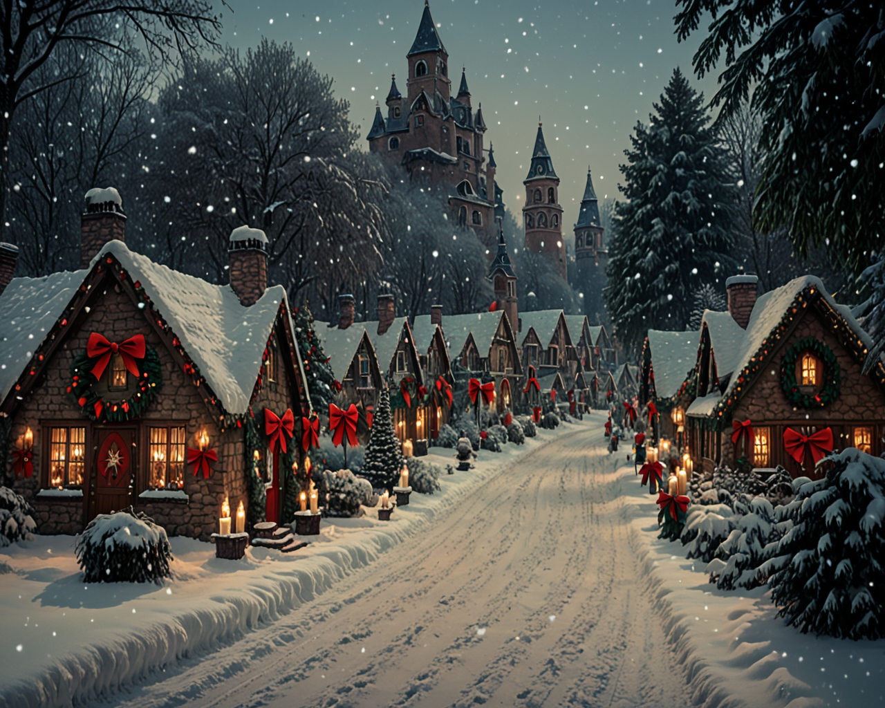 score_6_up,score_5_up,score_4_up, masterpiece, best quality, very aesthetic, life-like, photograph, real place, actual location, New England town, detailed textures, bright colors, natural light, ultra HD, fine details, soft background blur, <lora:Wolvies_Christmas_Village_STYLE_v241215.0040:1> xmas_village, holiday, Christmas, scenery, night, winter, Christmas tree, lamppost, a small village at (night:1.1), at Christmas time, with candles in the windows, snow covered, falling snow, cozy look at feel, cheery, incredible quality, highly realistic, incredible detail, 32k, complex, photographic quality, masterpiece, best quality, very aesthetic, 1700s, cottage, storybook architecture, Thomas Kinkade style, shimmering lights, brilliant colors