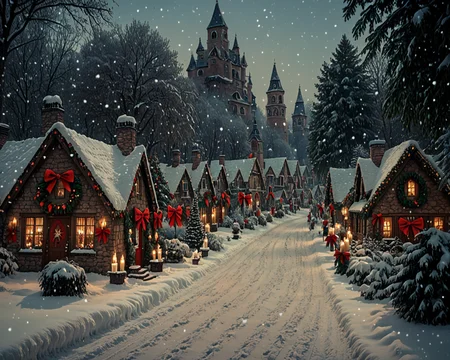 score_6_up,score_5_up,score_4_up, masterpiece, best quality, very aesthetic, life-like, photograph, real place, actual location, New England town, detailed textures, bright colors, natural light, ultra HD, fine details, soft background blur, <lora:Wolvies_Christmas_Village_STYLE_v241215.0040:1> xmas_village, holiday, Christmas, scenery, night, winter, Christmas tree, lamppost, a small village at (night:1.1), at Christmas time, with candles in the windows, snow covered, falling snow, cozy look at feel, cheery, incredible quality, highly realistic, incredible detail, 32k, complex, photographic quality, masterpiece, best quality, very aesthetic, 1700s, cottage, storybook architecture, Thomas Kinkade style, shimmering lights, brilliant colors