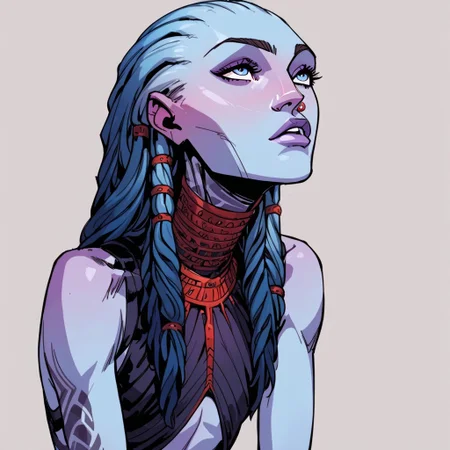 (score_9, score_8_up, score_7_up), (cowboy shot:1.3), (close up), (western_source), gwyndala, alien, tendril hair, long hair,  (dreadlocks), hair accessory, (colored skin, pale skin, blue skin:1.3), (detailed nose), navel, BREAK, absurdres, high quality, masterpiece, solo, (revealing clothes:1.2), Native American, Tribal headwear, feathers, tribal clothing, flat chest, CowPose, all fours, looking up, arched back, yooga pose,  c4mpbell, sinozick style, g0th1cpxl, <lora:IncaseLycoXL:0.6>, <lora:scott_campbell:0.5>, <lora:Bruce_Timm_Sketch:0.5>, <lora:Sinozick_Style_XL_Pony:0.4>, <lora:g0th1cPXL:0.4>