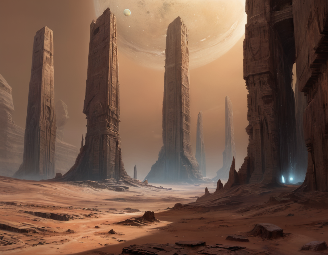 In the desolate expanse of a far-off planet, colossal ruins of sandstone structures stood as silent witnesses to an ancient civilization's demise, b3ks1n