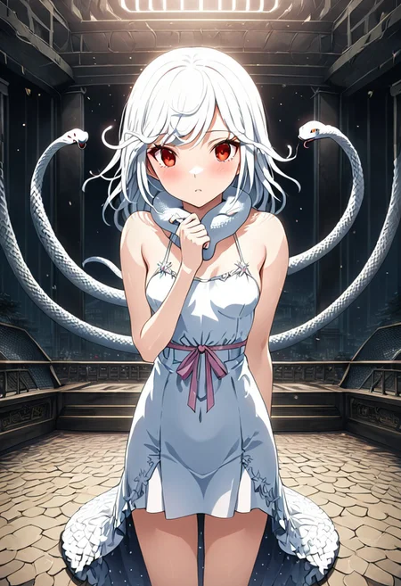 source anime, anime style, official art, "Sengoku Nadeko wrapped by a pale white snake around her neck, glowing under soft, eerie lighting, surrounded by detailed scales, mixed with a surreal and unsettling atmosphere, photorealistic textures." white_hair, red_eyes, medium_hair, snake_hair, small_breasts, WHITE DRESS, <lora:SDXLFaeTastic2400:0.4> <lora:extremely_detailed:0.4> extremely detailed, <lora:sn4ke:1>,sn4ke, Masterpiece,best quality,hi res,8k,hi res,8k,award winning,(sharp focus, intricate, highly detailed), rating:safe