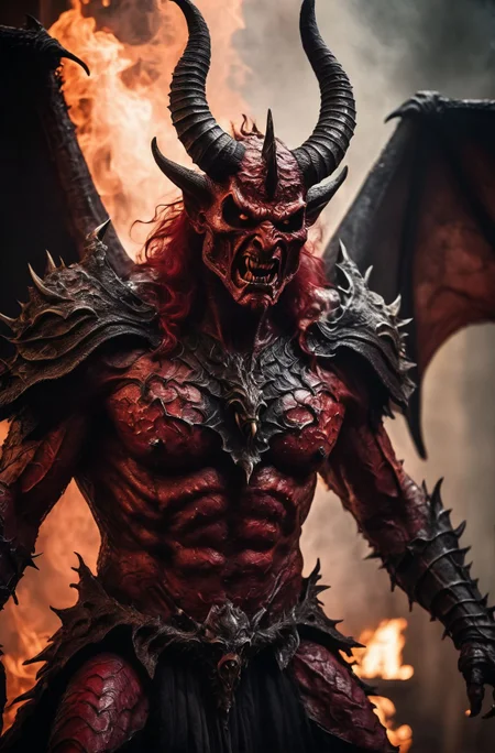 Horror-themed cinematic film still,a horrifying red-skinned male demon king, (full body portrait:1.3), (detailed monstrous evil face:1.4), screaming, wide spread bat like wings, (detailed scaly skin texture:1.2), long curved horns, (in hell, swirling tormented souls, billowing smoke:1.5), black spiky armor,, shallow depth of field, vignette, highly detailed, high budget, bokeh, cinemascope, moody, epic, gorgeous, film grain, grainy . Eerie, unsettling, dark, spooky, suspenseful, grim, highly detailed