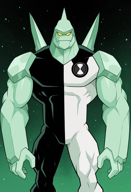 solo, di4mondh4ad, yellow eyes, no humans, no pupils, glowing eyes, clothing, white and black bodysuit, sharp body, closed mouth, green theme, muscular, multicolored background, abstract background, cartoony, style parody, cartoon network,
perfect anatomy, masterpiece, perfect quality, best quality, detailed, newest, very aesthetic
<lora:Illustrious\Characters\Diamondhead_Ben10_V1_ILXL:1.0>