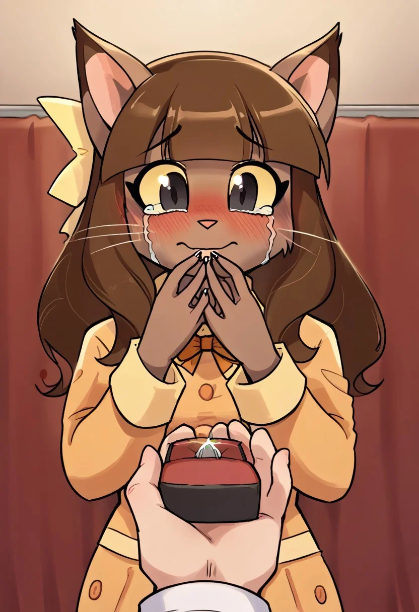 score_9, score_8_up, score_7_up, rating_safe, source_cartoon, (close up on face, focus face), beautiful, emotional, covering mouth, looking down, 1girl, furry girl, adult female, ivy, brown long hair,braids,blunt bangs,black eyes, colored sclera, yellow sclera, no human, furry, brown furr, cat ears,ivydress, orange bowtie,yellow coat, || yellow hair bow,, large breasts, <lora:ring-box-ponyxl-lora-nochekaiser:1>, ring box, ornate ring, marriage proposal, human hand holding ring, (one ring), diamond ring, human hand holding box, pov, pov hand, single hand holding box,, blush, super embarrassed, happy, tears of joy, blush, bed room,, looking down, cowboy shot, <lora:streaming-tears-ponyxl-lora-nochekaiser:1>, streaming tears, crying, tears,negative_hand