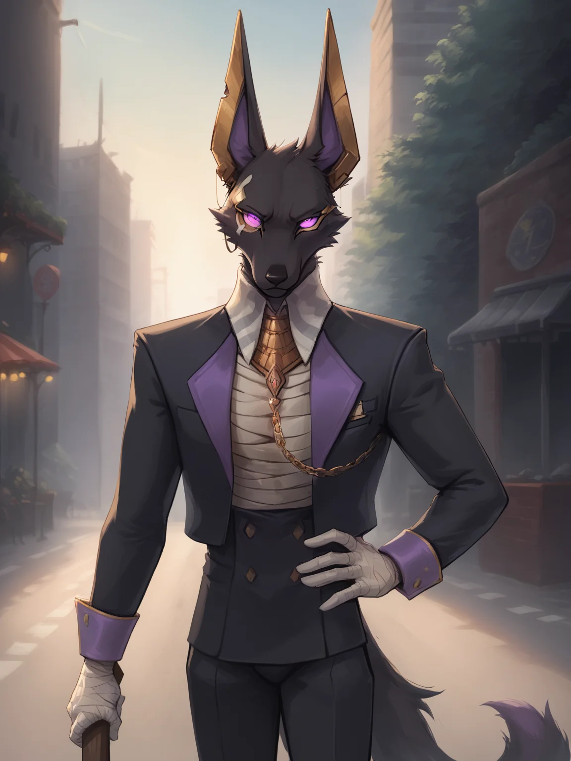 score_9, score_8_up, score_8, drewdislyte, jackal, male, tail, fluffy neck fur, black fur, gold ears, monocle, digital painting, solo, flat color, soft lighting, rugged appearance, scruffy, 5finger, street background, looking at viewer, seductive, slim, thin, notched ear, fang, front side view, bandages, suit, <lora:princess_xl_v2:1>, <lora:Smooth Anime Style LoRA XL:1>, <lora:LoraDrewBYXL_drewdislyte50:1>