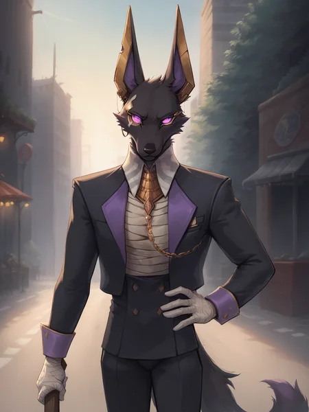 score_9, score_8_up, score_8, drewdislyte, jackal, male, tail, fluffy neck fur, black fur, gold ears, monocle, digital painting, solo, flat color, soft lighting, rugged appearance, scruffy, 5finger, street background, looking at viewer, seductive, slim, thin, notched ear, fang, front side view, bandages, suit, <lora:princess_xl_v2:1>, <lora:Smooth Anime Style LoRA XL:1>, <lora:LoraDrewBYXL_drewdislyte50:1>