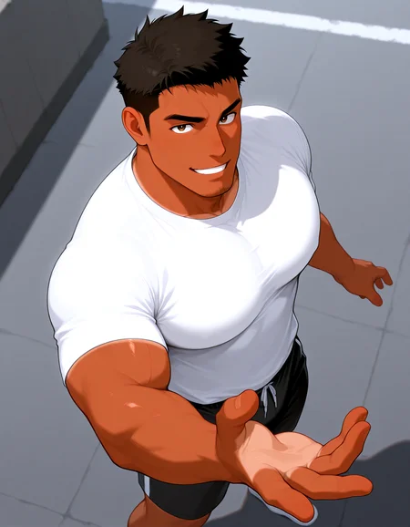 <lora:Tan_male:1>, 1male, male focus, cowboy shot,muscular male,tanmale,tanlines, asian male, huge pectorals, very short hair, black hair, thick eyebrows, stubble, sideburns,goatee, street,shorts,shiny skin, grin, looking at viewer, from above, white shirt,short sleeves,reaching,, BREAK masterpiece, best quality, absurdres, newest, best quality, absolutely eye-catching, intricate details