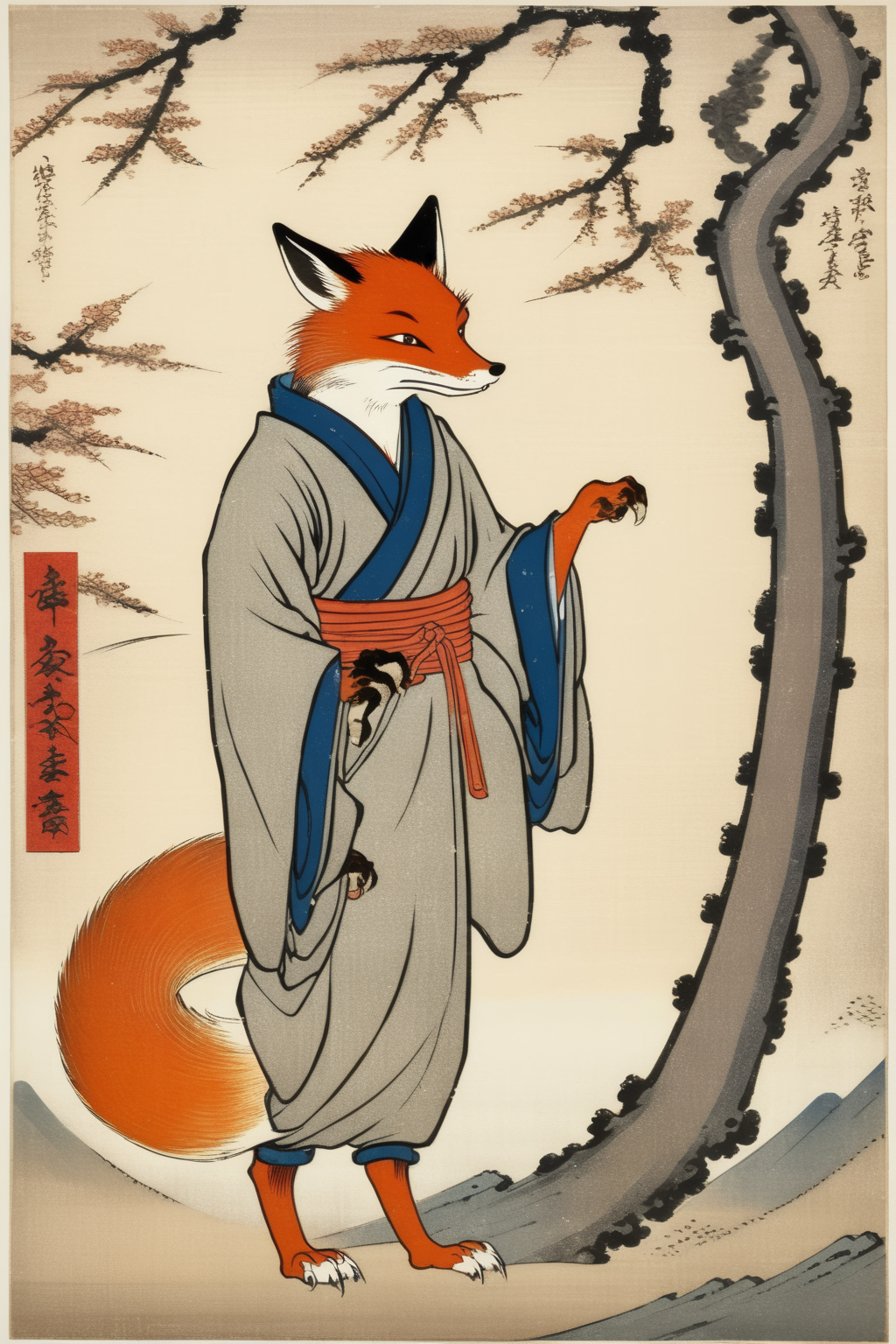 <lora:Ohara Koson Style:1>Ohara Koson Style - A fox yokai from Japanese ukiyo-e art, depicted standing on its hind legs. Please provide a full-body image showing a 45-degree profile view looking towards the right.