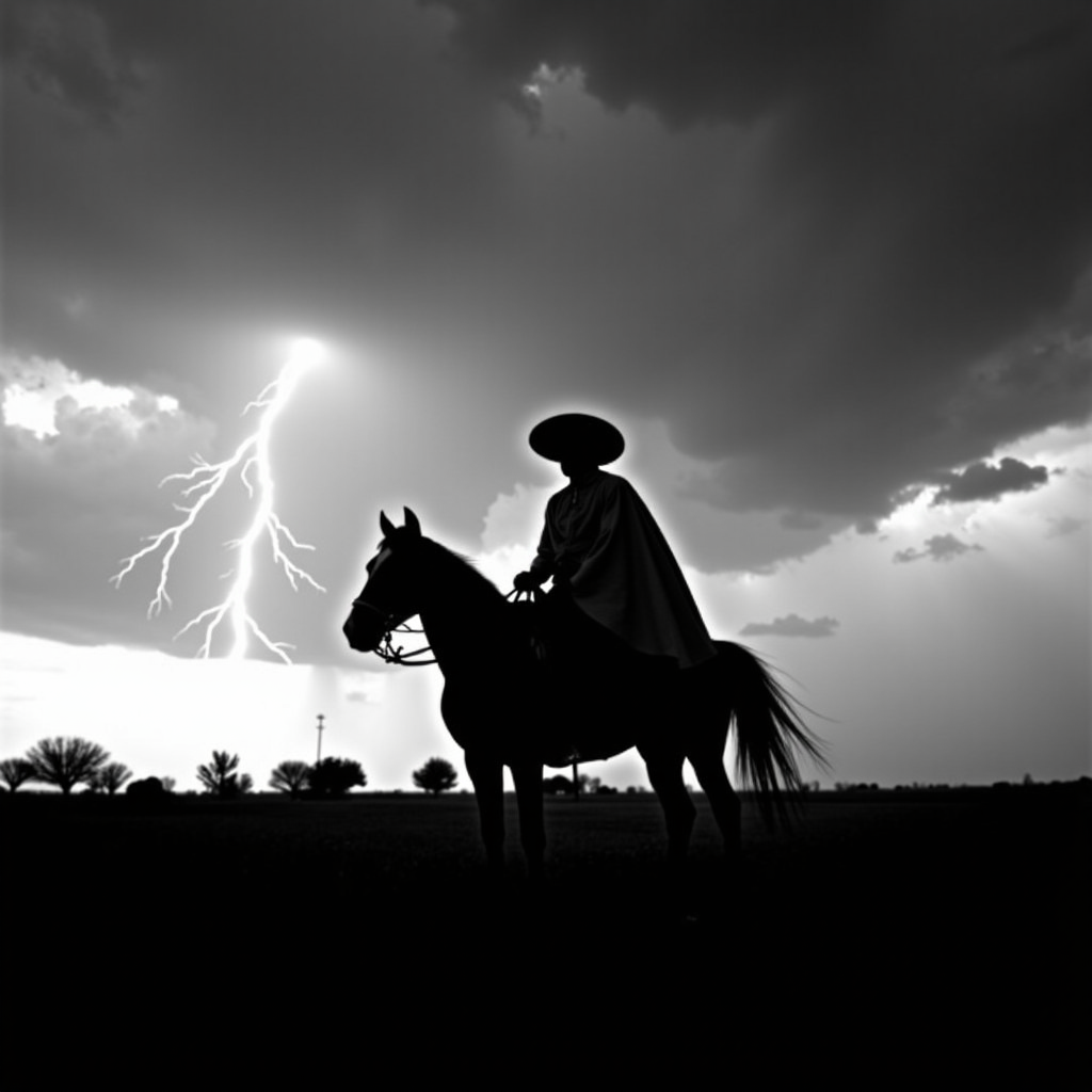 <lora:Mexican Noir Style-flux:1> mxnoirsty, black and white, dark,  The Charro and the Storm (Captured on a 1940s Speed Graphic, Strong Side Lighting for a Dramatic Silhouette)
Lightning streaks across the sky as a lone charro rides across an open field, his silhouette sharp against the turbulent clouds. His serape billows behind him, and the gleam of his silver spurs catches the last light of day. The approaching storm adds tension to the scene, as if the very land is alive with anticipation. Shot with a Speed Graphic camera, the long exposure captures the raw energy of the moment, emphasizing the drama and power of both man and nature.