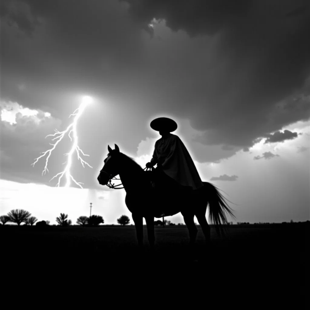 <lora:Mexican Noir Style-flux:1> mxnoirsty, black and white, dark, The Charro and the Storm (Captured on a 1940s Speed Graphic, Strong Side Lighting for a Dramatic Silhouette)
Lightning streaks across the sky as a lone charro rides across an open field, his silhouette sharp against the turbulent clouds. His serape billows behind him, and the gleam of his silver spurs catches the last light of day. The approaching storm adds tension to the scene, as if the very land is alive with anticipation. Shot with a Speed Graphic camera, the long exposure captures the raw energy of the moment, emphasizing the drama and power of both man and nature.