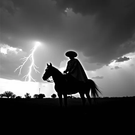 <lora:Mexican Noir Style-flux:1> mxnoirsty, black and white, dark,  The Charro and the Storm (Captured on a 1940s Speed Graphic, Strong Side Lighting for a Dramatic Silhouette)
Lightning streaks across the sky as a lone charro rides across an open field, his silhouette sharp against the turbulent clouds. His serape billows behind him, and the gleam of his silver spurs catches the last light of day. The approaching storm adds tension to the scene, as if the very land is alive with anticipation. Shot with a Speed Graphic camera, the long exposure captures the raw energy of the moment, emphasizing the drama and power of both man and nature.