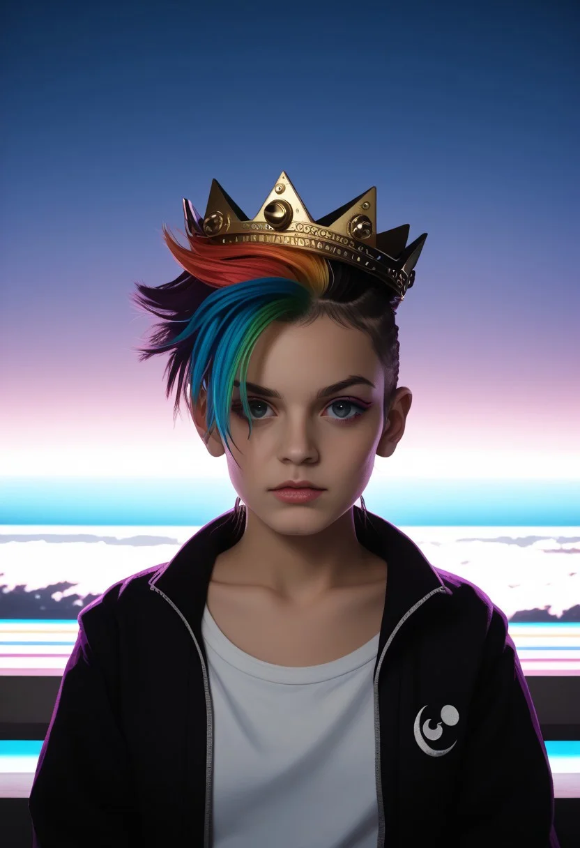 ,1girl, extremely detail beauty, wild hair , two tone hair, rainbow hair, vaporwave, (pastel), synthwave, city punk, constellation, crescent_moon, crown, dust, embers, rim lighting, side lighting, upper body, pov ,realistic BREAK PonyXLV6_Scores