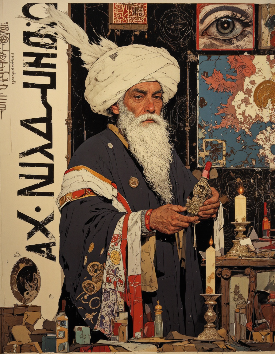 By Phandigrams. A digital illustration shoot from a front camera angle about an elderly man with a long white beard and a traditional turban, dressed in a dark robe, standing in the middle of the image, holding a small, ornate object in his hands. the man appears to be an adult, with a serious expression on his face. he is wearing a large, white hat and a long, dark robe with intricate patterns. the background is a dark, textured wall adorned with various religious symbols and posters, including an all-seeing eye, a star, and a crescent moon. on the left side of the man, there is a large scroll with japanese text, and on the right side, there are various decorative items such as a candle, a book, and other items. the overall style of the illustration is reminiscent of ancient egyptian art, with bold outlines and vibrant colors.