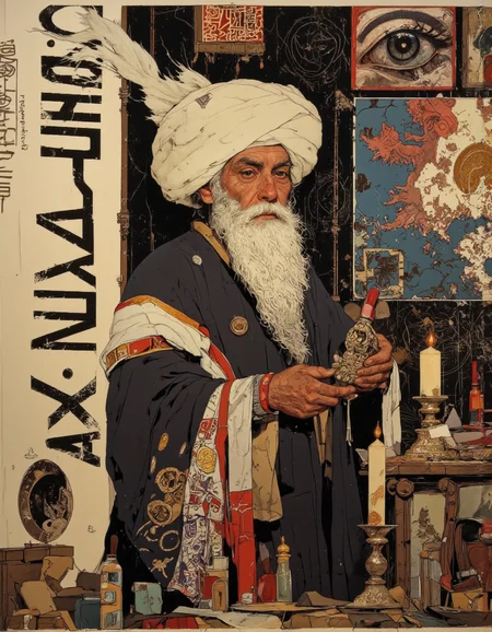 By Phandigrams. A digital illustration shoot from a front camera angle about an elderly man with a long white beard and a traditional turban, dressed in a dark robe, standing in the middle of the image, holding a small, ornate object in his hands. the man appears to be an adult, with a serious expression on his face. he is wearing a large, white hat and a long, dark robe with intricate patterns. the background is a dark, textured wall adorned with various religious symbols and posters, including an all-seeing eye, a star, and a crescent moon. on the left side of the man, there is a large scroll with japanese text, and on the right side, there are various decorative items such as a candle, a book, and other items. the overall style of the illustration is reminiscent of ancient egyptian art, with bold outlines and vibrant colors.