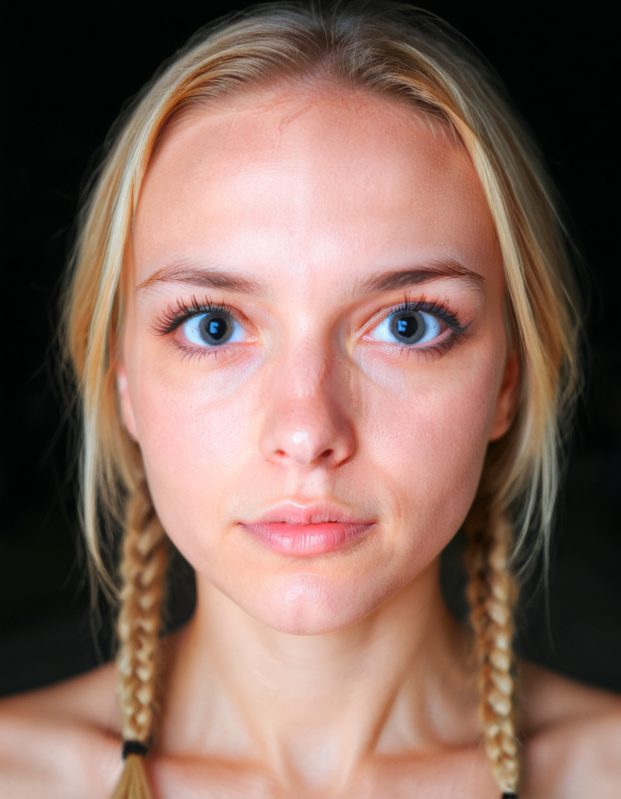 potrait, woman, blonde with braids , night, close-up, dark lights  <lora:Dilated_Pupils_SDXL:1> dilatedpupils