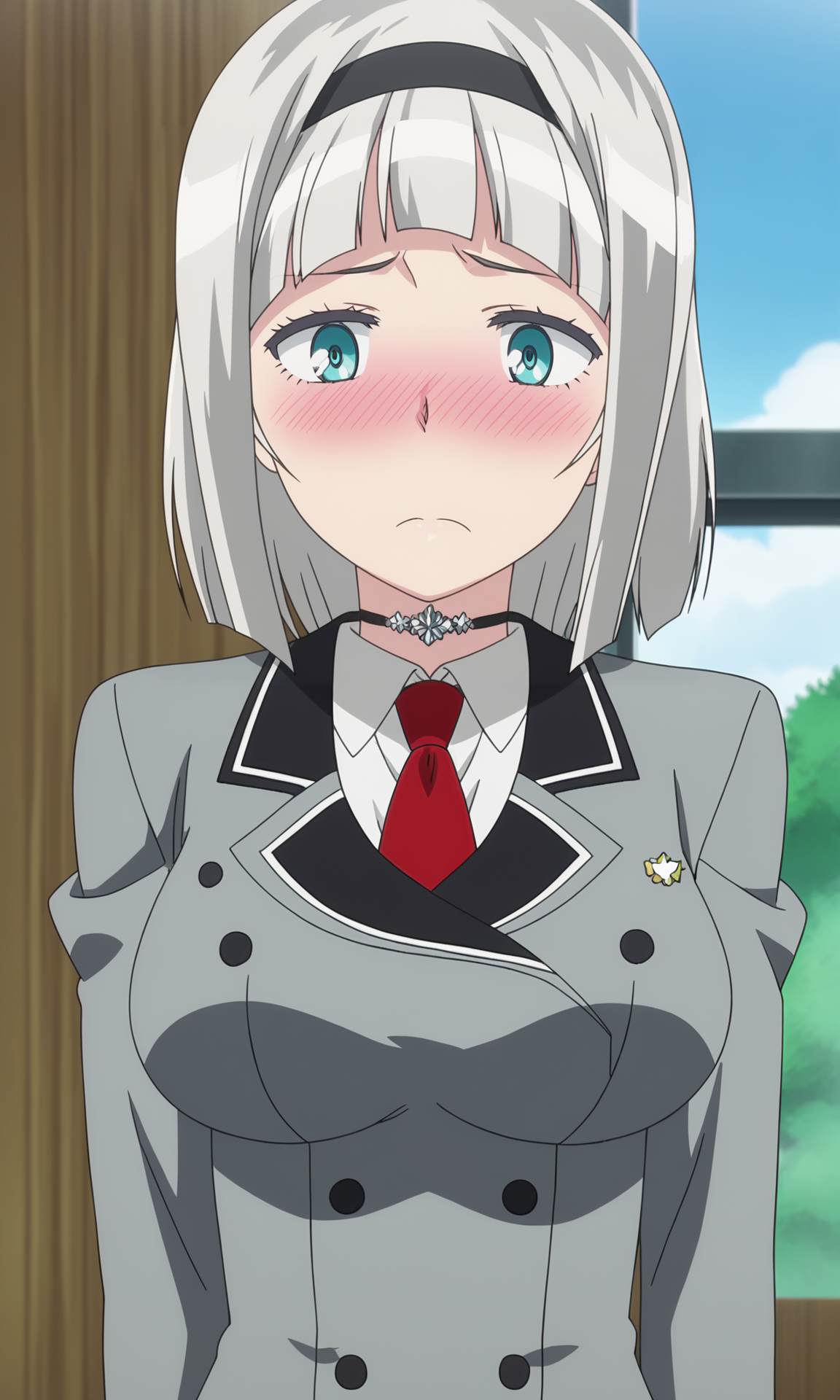 1girl, solo, masterpiece, best quality,  detailed face,detailed body,anime screencap,
 <lora:AnnaNishikinomiya_16XL:1> shimoneta, anna_nishikinomiya, 1girl, solo, short hair, grey hair, hairband, blush,  choker, breasts, large breasts, , school uniform