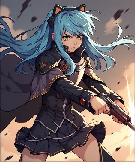 score_9, score_8_up, score_7_up, score_6_up, score_5_up, score_4_up, BREAK, solo, fighting stance, shotgun,
<lora:tio1-000018:0.9>, tioplato, long hair, blue hair, yellow eyes, tiozero, fake animal ears, skirt, cape, armor, thighhighs,