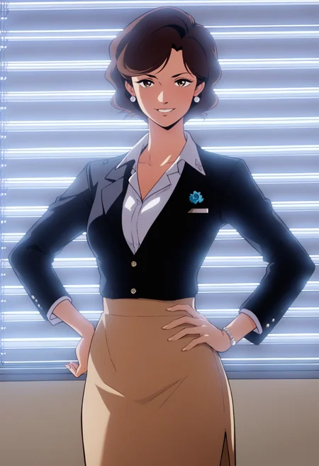 score_9, score_8_up, score_7_up, score_6_up, <lora:G0080T:0.8>, G0080T, 1girl, solo, brown eyes, brown hair, short hair, earrings,
black jacket, formal, suit, collared shirt, white shirt, brown skirt,
looking at viewer, cowboy shot, hand on own hip, seductive smile, 
BREAK blue sky, sunlight, indoors, window, window blinds,