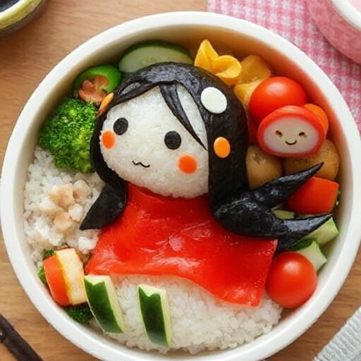 A playful bento box inspired by Ponyo, with the character made from rice and seaweed. Ponyo’s face is carefully shaped from a round ball of rice, with details added using thin strips of nori for her hair and eyes, and a small slice of carrot for her mouth. Her body is made from a combination of cucumber and radish slices, arranged to mimic her flowing red dress. The bento box is filled with small portions of food, including colorful vegetables like broccoli and cherry tomatoes, with a touch of soy sauce drizzled over the top. The overall design captures the whimsical and colorful nature of the film in a fun and edible way.
Ensure the depiction is natural and pays close attention to accurate textures and lighting throughout the scene), intricate hand-painted details, ultra-realistic textures, award-winning craftsmanship || studio rim lighting, vivid yet tense colors, UHD resolution, rich details, award winning, impactant image, dramatic pose