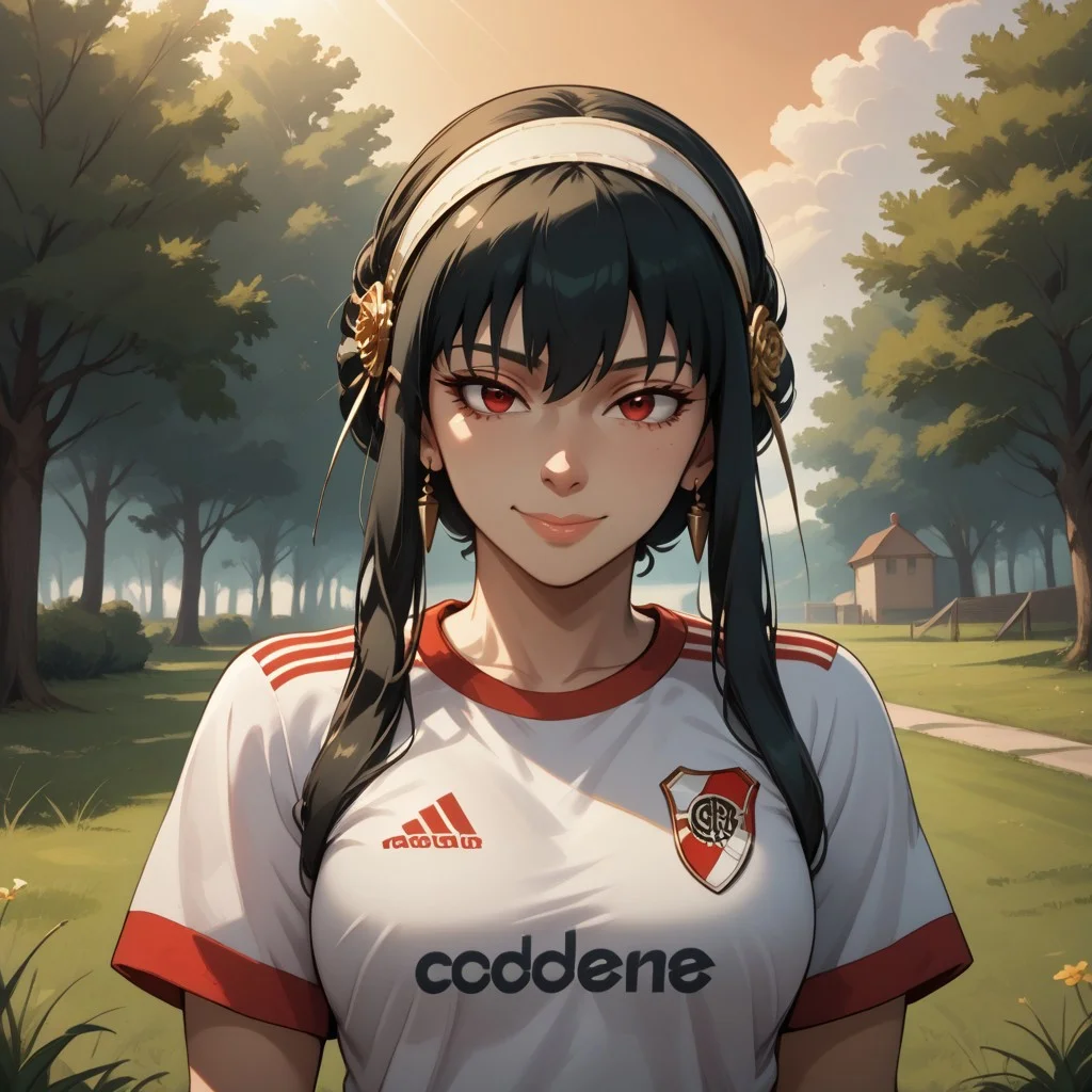 score_9, score_8, BREAK, solo, yor briar, black hair, red eyes, sidelocks, hairband, short hair with long locks, white hairband, RiverPlate, striped shirt, striped, shirt, white shirt, short sleeves, clothes writing, sportswear, soccer uniform, house wife, sexy pose, self portrait, smile, outdoors, sunlight, shadows, evening lighting, natural lighting, forest, trees, grass, orange sky, sunset
