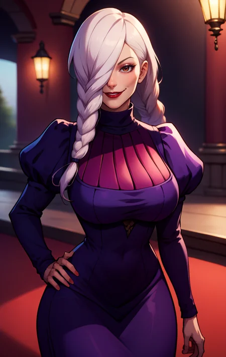 score_9, score_8_up, score_7_up, BREAK, <lora:MeimeiSDXL:1> MeimeiSDXL, 1girl, solo, long hair, breasts, looking at viewer, smile, brown eyes, large breasts, long sleeves, dress, braid, puffy sleeves,white hair, black dress, hair over one eye, blurry, black dress, hand on hip, makeup, blurry background, lipstick, juliet sleeves, purple dress, curvy, wide hips, braided ponytail, red lips, braided bangs, turtleneck dress
