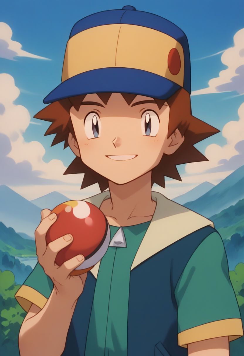 score_9, score_8_up, score_7_up, source_anime, highly detailed, 1boy, solo, male_focus,
richie_poke, open eyes, smile, sky, brown hair, hat,
day, outdoors, hold, holding poke ball,