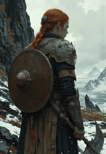 A Viking woman with a long red braid stands with her back to the viewer, (((holding a short patterned battle axe ))). A round wooden shield with metal elements hangs on her shoulder. There is a gloomy atmosphere around with a gray sky and falling snow, creating a feeling of harsh northern nature