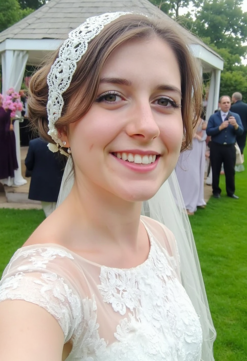 photo selfie of a young woman in a white wedding dress with a lace veil, smiling, standing on a lawn with a party and a gazebo in the background, hair done up in braided bun <lora:mobile-000081:1>