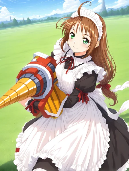 general,highres, game cg, ultra-detailed,very aesthetic,best quality ,best hands, BREAK <lora:Spiral_Nami_IS:1>drii_nami, solo, brown hair, green eyes, drill, polearm, maid apron, maid headdress, weapon, lance, ahoge, ribbon, maid, long hair, low-tied long hair,
smile,looking at viewer, cowboy_Shot,
day, grass, sky,