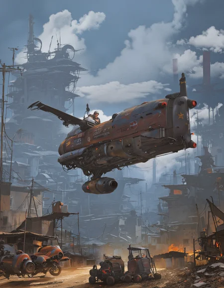 Art by Alejandro Burdisio. A digital illustration shoot from below about a futuristic spaceship flying over a futuristic cityscape with a sci-fi theme. the image also shows a futuristic flying car with a sleek, streamlined design and a large, angular cockpit, featuring a number 25 on the side and a star emblem on the front. the flying car is in the center of the image, with a clear blue sky and fluffy white clouds in the background. on the left side, a man is sitting in the cockpit, wearing a white helmet, looking out over the cityscape. in the foreground, a group of small, futuristic vehicles with wings can be seen, and on the right side, another vehicle is visible. the scene is set in a post-apocalyptic wasteland, with industrial structures and smokestacks in the distance, giving a sense of a bustling industrial environment. the overall atmosphere is reminiscent of a futuristic futuristic city with a focus on science fiction and technology.