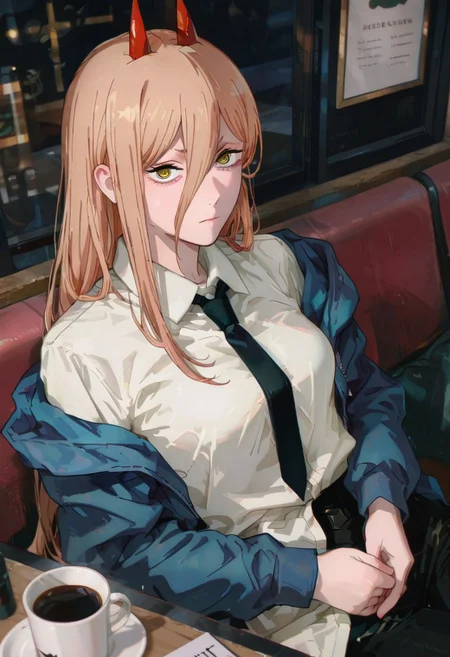 masterpiece, highly detailed,1girl,  
 dark theme,
1girl,  power from chainsaw man,  
sitting in cafe , yellow_eyes, cross-shaped_pupils, blonde_hair, long_hair, small_breasts, red_horns, collared_shirt, white_shirt, black_necktie, blue_jacket, black_pants, off_shoulder, open_jacket , at the table , looking at viewer , cup of coffee in hands