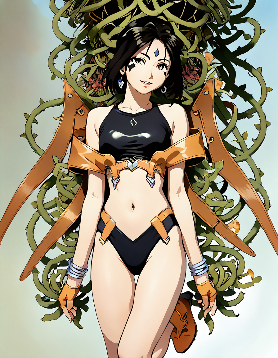 score_9, score_8_up, score_7_up, score_6_up, score_5_up, score_4_up, source_anime,  , Peorth, looking at viewer, smile, gloves, navel, jewelry, swimsuit, bikini, boots, parted lips, wings, midriff, fingerless gloves, high heels, bracelet, black bikini, plant, vines, thorns