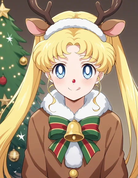 score_9, score_8_up, score_7_up, source_anime, <lora:usagi-tsukino-eternal-movie1-ponyxl-lora-nochekaiser:1>, usagi tsukino, blonde hair, blue eyes, double bun, hair bun, hair ornament, long hair, twintails, circlet, parted bangs,, <lora:reindeer-costume-ponyxl-lora-nochekaiser:1>, reindeer costume, animal costume, reindeer antlers, antlers, fake antlers, reindeer hood, christmas, red nose, deer ears, deer tail, christmas tree, bell, horns, reindeer,, blush, smile, tongue out, looking at viewer,,