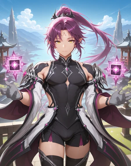 masterpiece, amazing quality, best quality, absurdres, very aesthetic,
1boy, solo, yaoi, male focus, cowboy shot, upper body, looking at viewer, face focus,
<lora:Veigas_FSI_ilxl:1> veigasfsi, black gloves, forehead mark, pointy ears, purple hair, high ponytail,yellow eyes, floating hair,
cube, black thighhighs, toeless legwear, black shorts, grey gloves, detached sleeves, wide sleeves, floating object,
outdoors, day, blue sky,