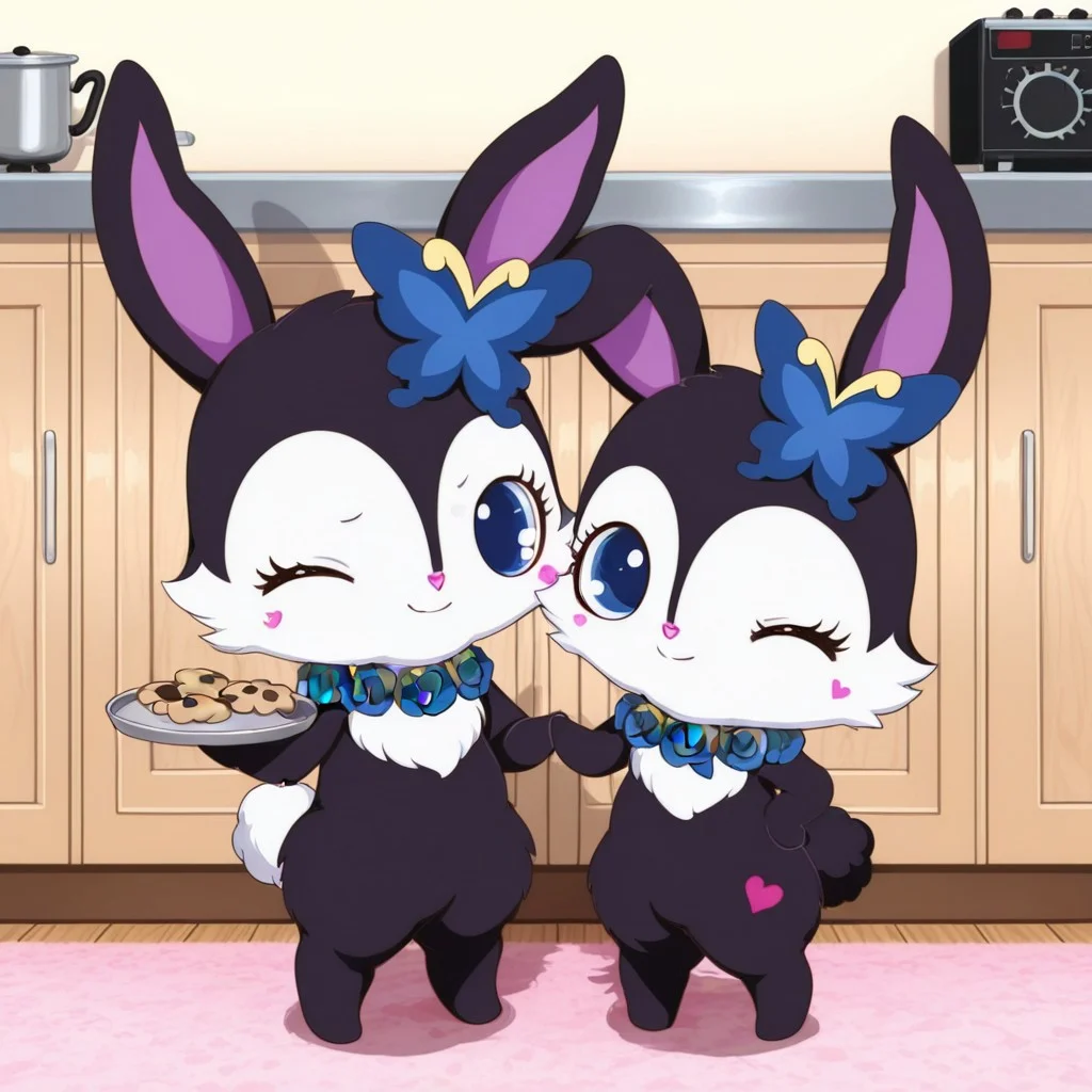 score_9, score_8_up, score_7_up, score_6_up, score_5_up,
best quality, masterpiece, smirks, Full Body, Romantic, Small Body, Furry, looking_pleasured, duo, female/female, 2girls, kitchen, chefs hat, chefs shirt, chefs skirt, rubyjp, no humans, rabbit, chibi, furry, hair ornament, necklace, jewelry, chest fur, white fur, holding cookie, looking at partner, luea, feral, blue eyes, rabbit, furry, rabbit ears, black fur, purple inner ear, white chest fur, white face, chibi, body fur, (blue butterfly hair ornament), (blue rose necklace), carry tray full of cookie,
