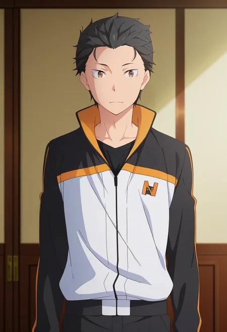 masterpiece, best quality, , anime screencap, anime coloring, official style, , 1boy, solo, male focus, <lora:subaru_natsuki_ilxl:0.92>, subaru_natsuki, black hair, brown eyes, short hair, natsuki subaru, hair slicked back, , , long-sleeve shirt, snapback