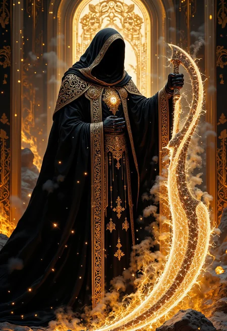 breathtaking detailed soft painting of a grim reaper in thick heavy woven robes decorated with gold embroidery and platinum filigree holding an intricate golden scythe surrounded by a cloud of fireflies and embers, rembrandt style, christian saint, detailed art nouveau stained glass of flames background, elegant, highly detailed, artstation, concept art, matte, sharp focus, art by Tom Bagshaw, Artgerm and Greg Rutkowski, Cinematic style, Beauty, Realism, Photorealism, Chiaroscuro, High quality, cinematic lighting, aidmaMJ6.1, aidmafluxpro1.1